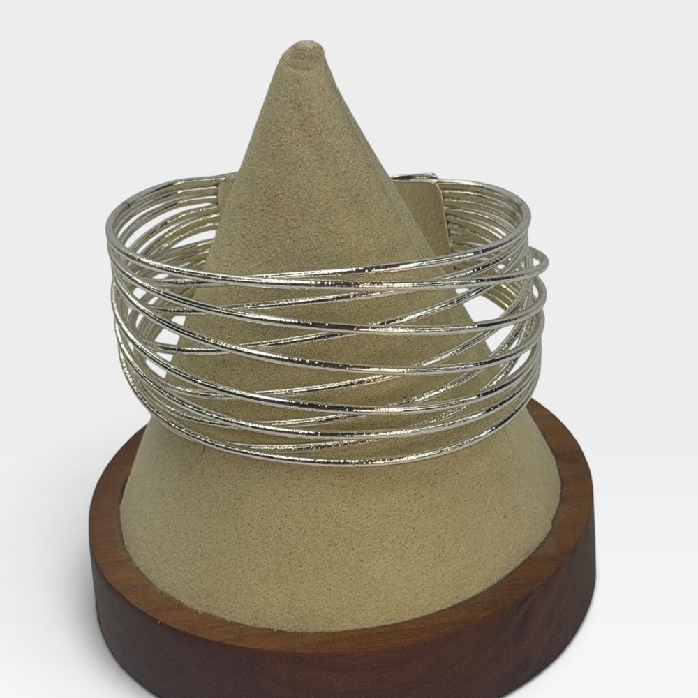 Silver Tone Multi Strand Layered Cuff Bracelet Textured Wire Open Back Wide